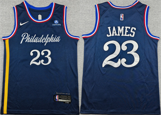 Men's Philadelphia 76ers #23 LeBron James Navy 2026 City Edition With Patch Stitched Jersey